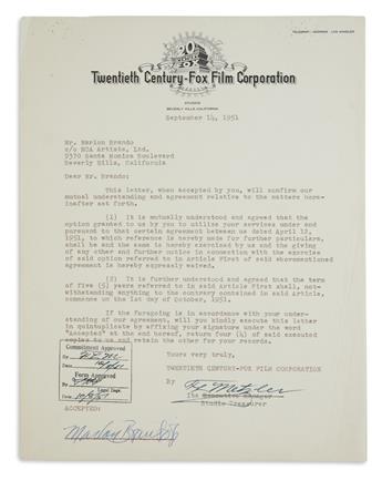 MARLON BRANDO. Two Signatures, each on a typed letter to him from an official at Twentieth Century Fox. The firs...